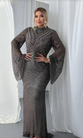 Charcoal Grey Heavily Embellished High-Neck Evening Gown