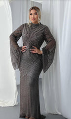 Charcoal Grey Heavily Embellished High-Neck Evening Gown