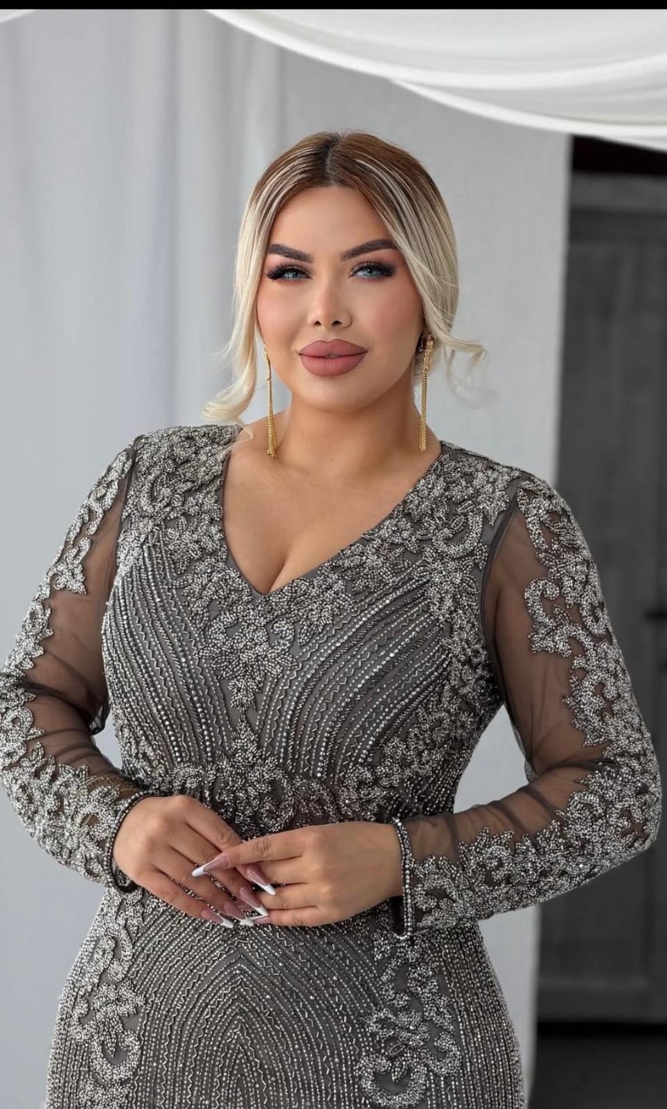 Charcoal Grey V-Neck Embroidered & Beaded Evening Gown
