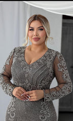 Charcoal Grey V-Neck Embroidered & Beaded Evening Gown