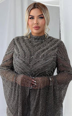 Charcoal Grey Heavily Embellished High-Neck Evening Gown