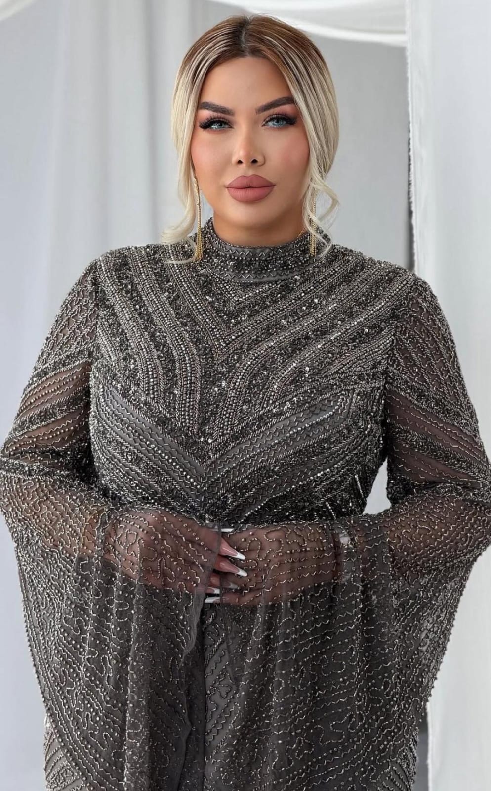 Charcoal Grey Heavily Embellished High-Neck Evening Gown