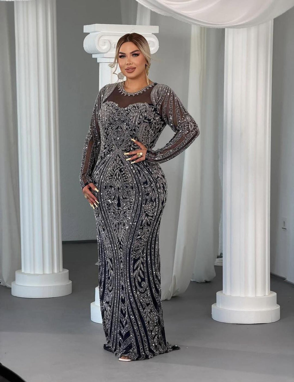 Midnight Navy Sequined & Crystal Embellished Floor-Length Gown