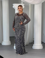 Midnight Navy Sequined & Crystal Embellished Floor-Length Gown
