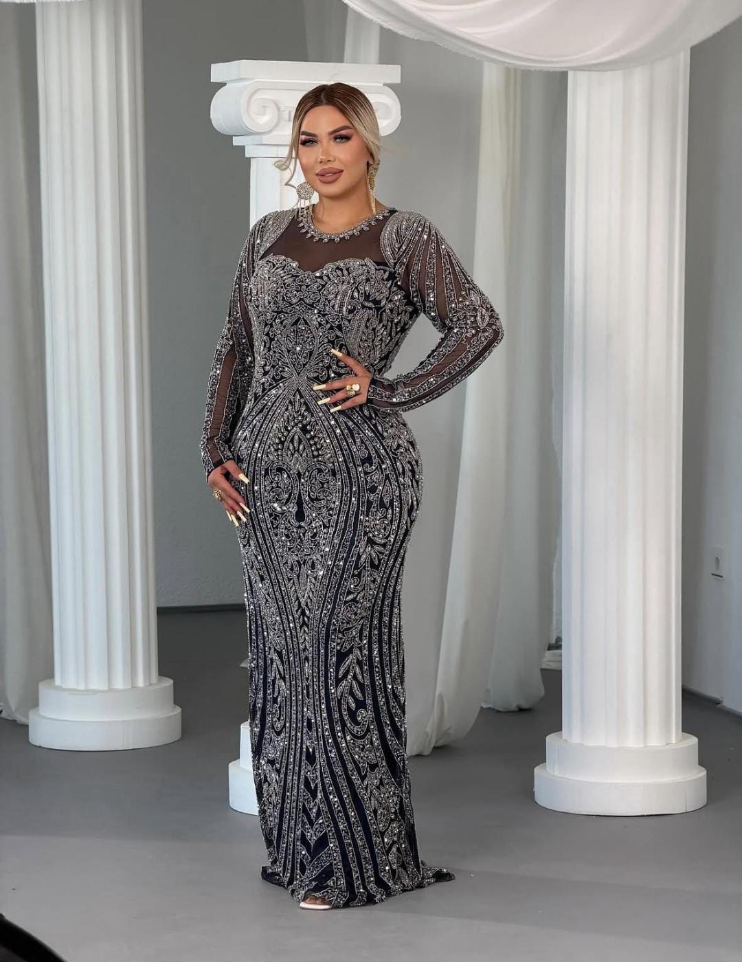Midnight Navy Sequined & Crystal Embellished Floor-Length Gown
