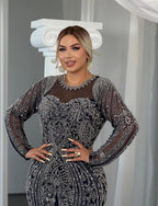 Midnight Navy Sequined & Crystal Embellished Floor-Length Gown