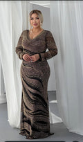 Gold & Black V-Neck Heavy Embellished Evening Gown