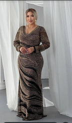 Gold & Black V-Neck Heavy Embellished Evening Gown