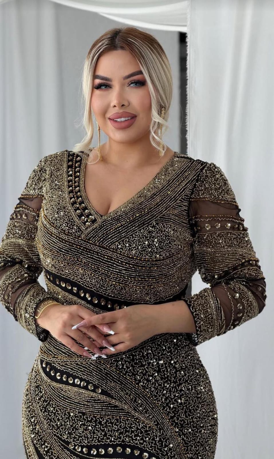 Gold & Black V-Neck Heavy Embellished Evening Gown