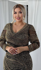 Gold & Black V-Neck Heavy Embellished Evening Gown
