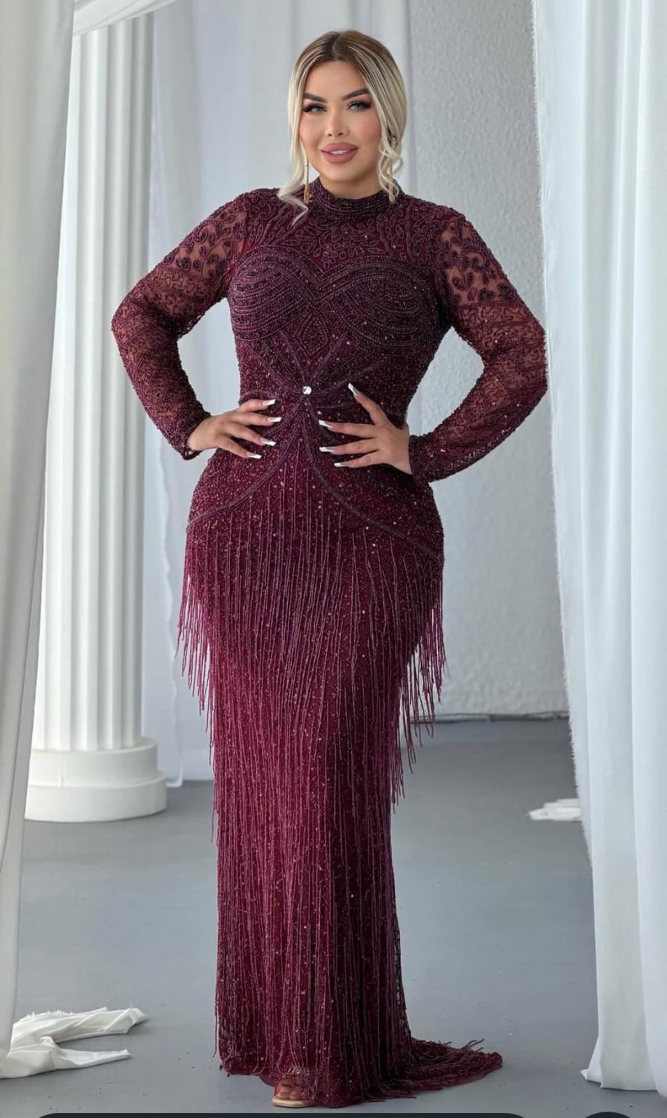 Burgundy High-Neck Beaded Fringe Evening Gown