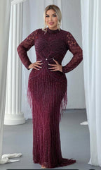 Burgundy High-Neck Beaded Fringe Evening Gown