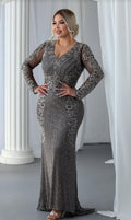 Charcoal Grey V-Neck Embroidered & Beaded Evening Gown