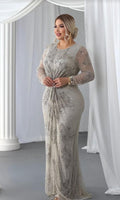 Silver Grey Ruched Front Sequined & Beaded Evening Gown