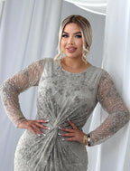 Silver Grey Ruched Front Sequined & Beaded Evening Gown