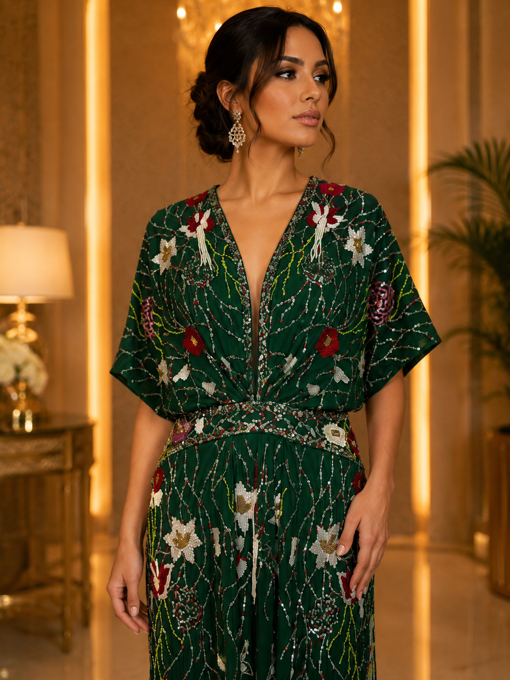 Emerald Bloom Embellished Evening Gown