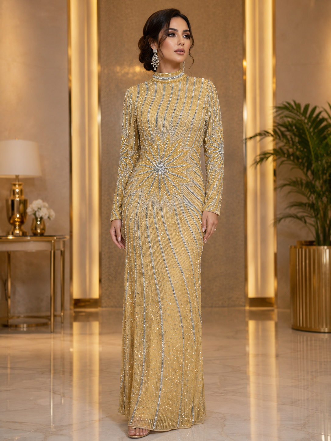 Golden Radiance Crystal Couture Gown